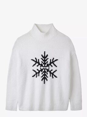 The White Company White Mock Neck Sweater with Black Snowflake